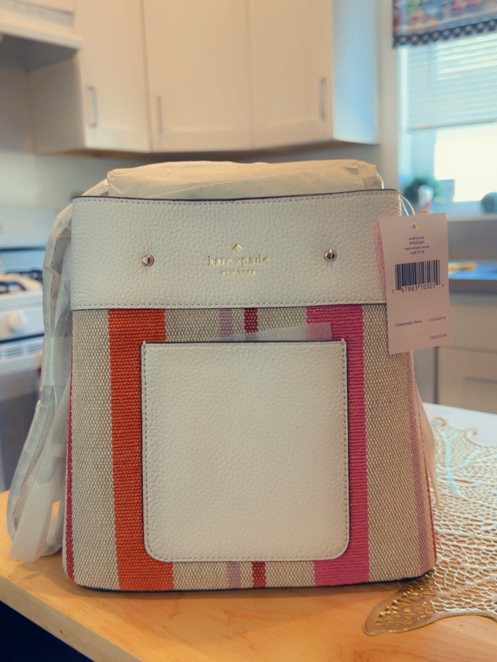kate spade White Striped Shoulder Bag with Pink & Orange Accents